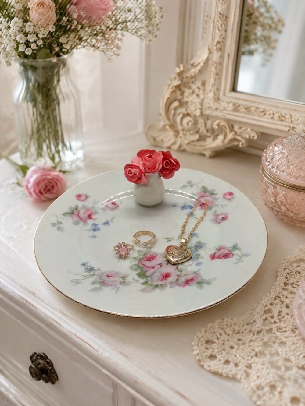 Handmade Upcycled Germany Floral Trinket Tray Mini Vase Cottagecore Pink Roses